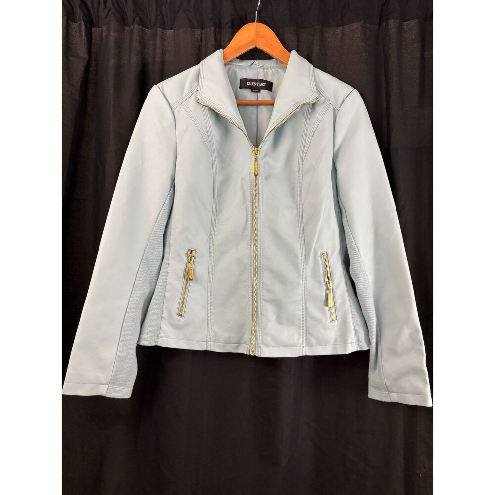Ellen Tracy Powder Blue Faux Leather Moto Jacket with Gold Hardware